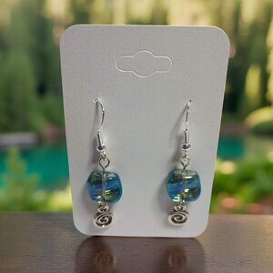 2/$16 Iridescent Blue Glass Bead with Silver Spiral Accent Dangle Earrings